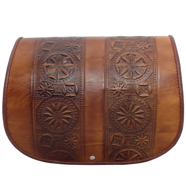 Large women full grain leather bag with traditional popular motifs moulded embossed symbols