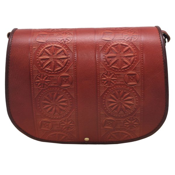Large women full grain leather bag with traditional popular motifs moulded embossed symbols 7